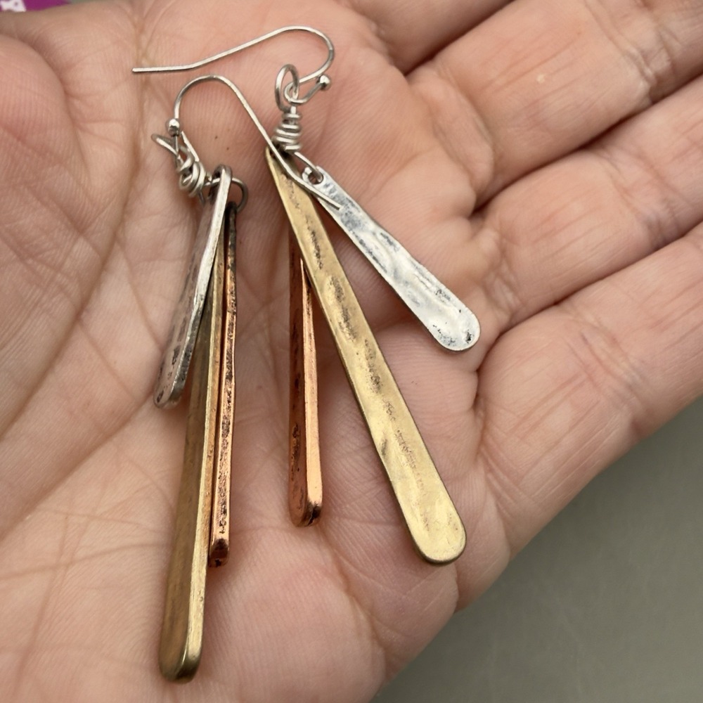 Artisan Mixed Metal Dangle Earrings Hammered Copper Brass Silver Tone Boho - Picture 4 of 7